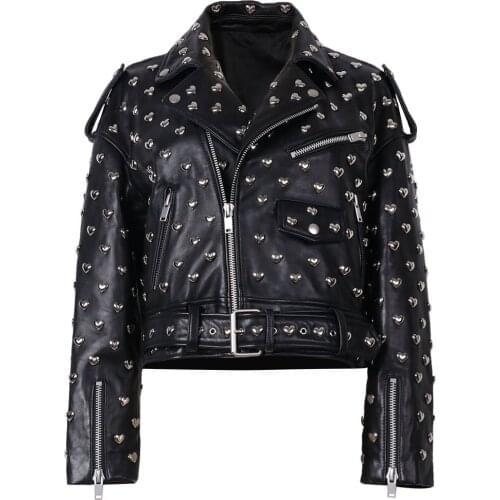 YOLOAgain Women Ladies Genuine Leather Jacket Motorcycle Heart Shape Rivet Thick