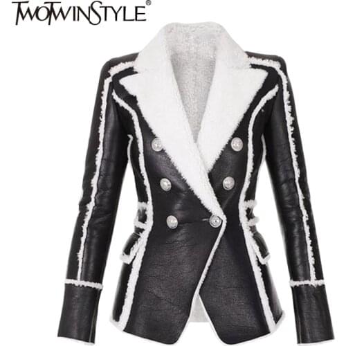 TWOTWINSTYLE Patchwork Cotton PU Lrather Blazer For Women Notched Long Sleeve Casual Blazers Female Fashion New Clothign Style