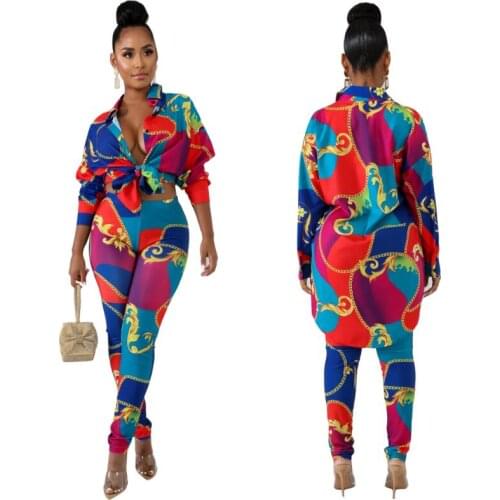 Spring Autumn Womens Tracksuits Full sleeve National Print Shirt Pencil top and Pants suit streetwear two piece set Sporty