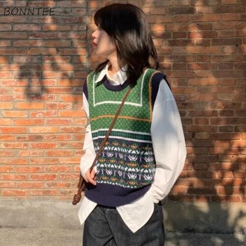 Sweater Vest Women Harajuku BF Style Teens Elasticity Autumn All-match Trendy Lady Knitting Sleeveless Artistic Vintage Classic