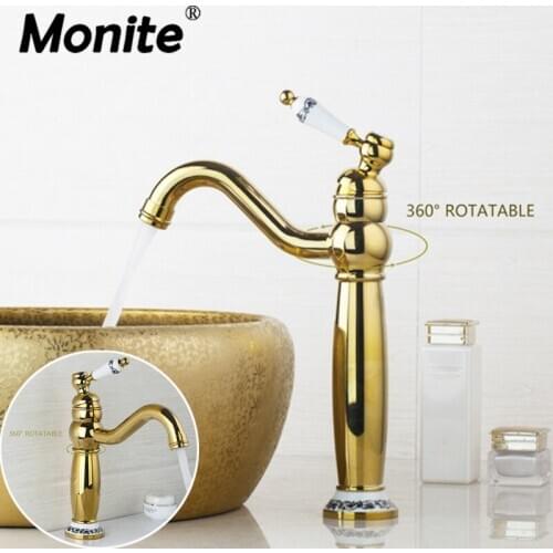 Monite Golden Polished Kitchen Faucet Swivel 360 Spout Deck Mounted Sink Faucet Mixer Single Ceramic Handle Tap