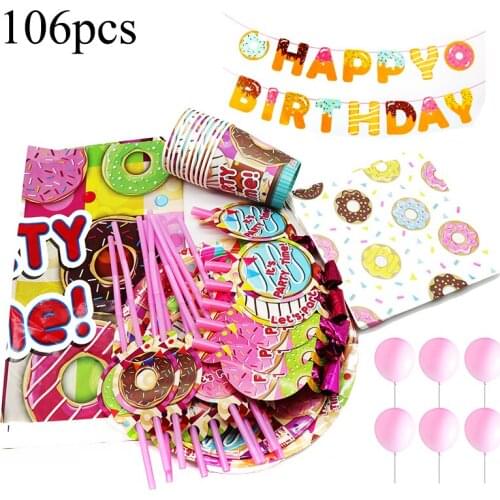106pcs Doughnuts Birthday Party Tableware Set Plates Cups Napkins Tablecloths Straws Gift Bags Chocolate Donut Birthday Supplies