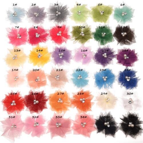 120pcs Solid Mesh Flower for DIY Hair Accessories Chic Hair Flower with Rhinestone Pearl Center No Clips