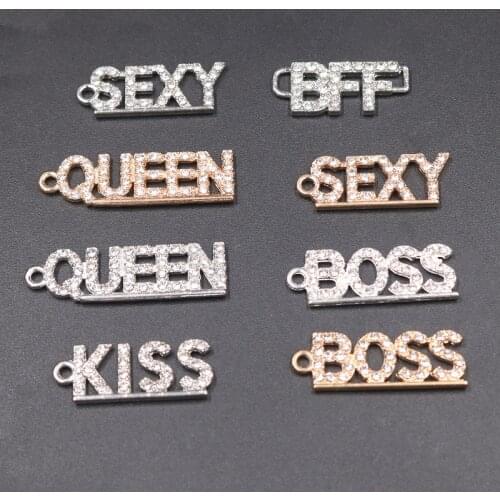 8pcs Mix Handmade Rhinestone BFF/Boss/Queen/Kiss/Sexy/Tag Pendant DIY Charm Earring Bracelet Jewelry Crafts Making For Woman