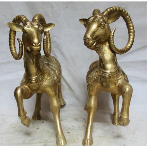 Bi001539 20" Chinese Brass Folk Fengshui Zodiac Year Sheep Goat Statue sculpture Pair