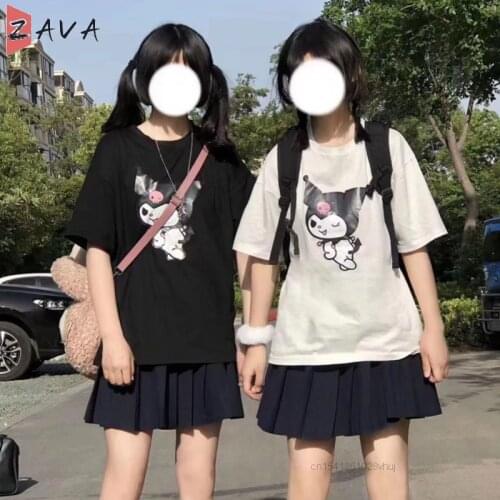 Kawaii Tshirt Kuromied Short Sleeve Black White T-shirt Female 2021 New Japanese Cute Soft Girl Top Wild Gothic Clothes Y2k Za