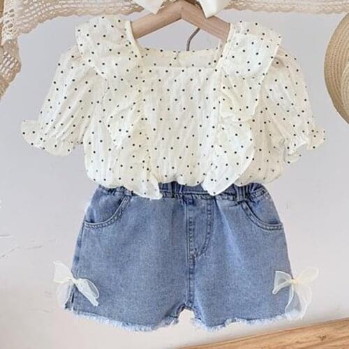 Summer Fashion Girls' Clothes Set 2021 New Korean Style Chiffon Short Sleeve Polka Dot Printed Shirt + Denim Shorts 2Pcs Set