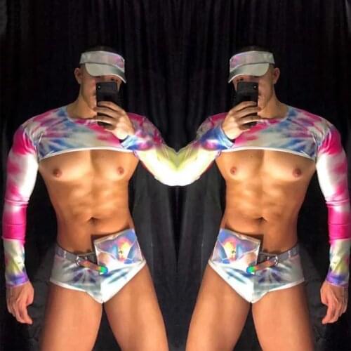 Nightclub Bar Male Dance Costume Colorful Camouflage Top Blouse Shorts Men Singer Dancer Costume Sexy Stage Show Wear XS2444