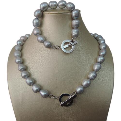 100% NATURE FRESHWATER PEARL SET NECKLACE AND BRACELET-BIG RICE SHAPE.IN gray COLOR
