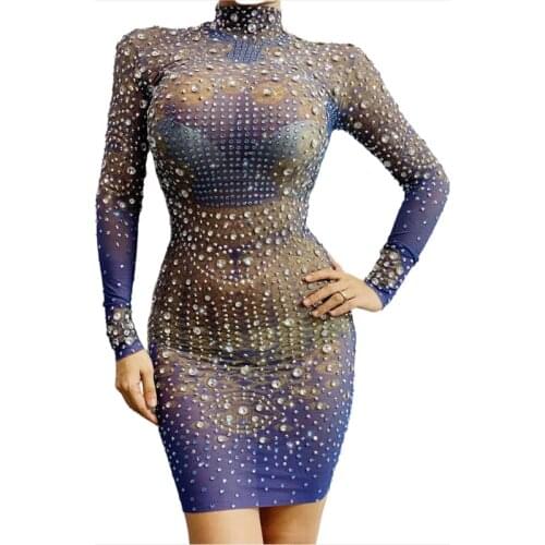 New Sexy Stage Rhinestones Blue Stretch Dress Singer Stage Performance Costume Birthday Celebrate Crystals Leotard Jumpsuit