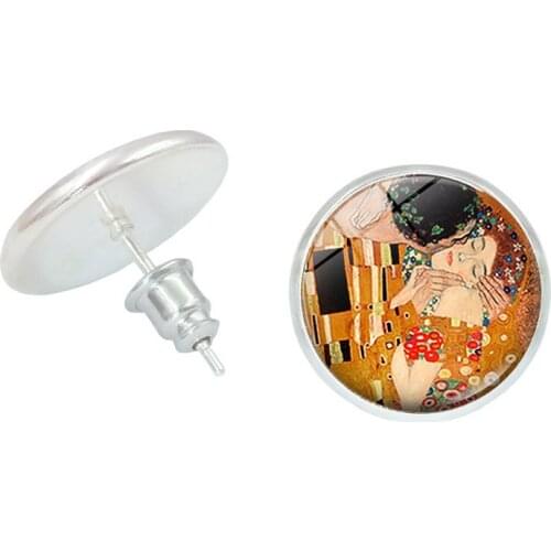 New Gustav Klimt The Kiss Stud Earring Jewelry with Silver Color Glass Cabochon Kilmt Kiss Pattern Earring Stud for Women