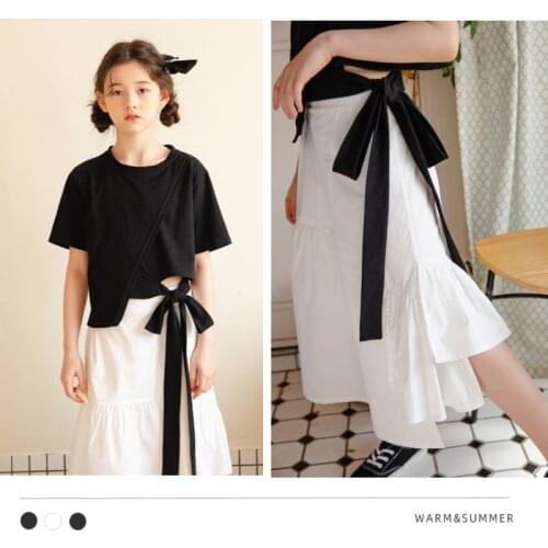 Girls Outfits 2021 New Kids Clothes Set Children Shirt and Skirt with Lining Cotton Teen Summer Suit Big Bow Fashion,#6090