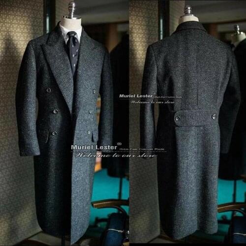 Winter Floor Length Peak Lapel Herringbone Overcoat Dark Grey Casual Double Breasted Mens Blazer Custom Made Coat Smoking Work