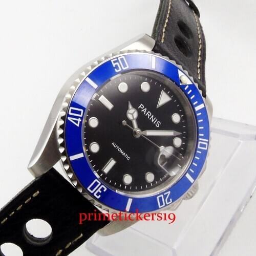 PARNIS 40mm blue bezel black dial date indicator with magnifier fashion leather strap automatic mens watch