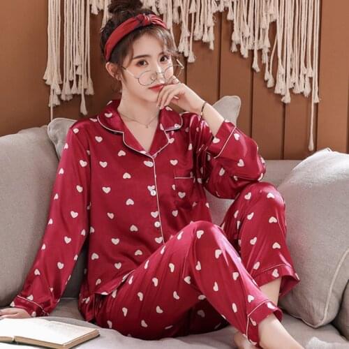 Faux Silk Pajamas Set Spring Autumn Sleepwear Women Casual Long-sleeved Trousers Ice Silk Turn-down Collar Female
