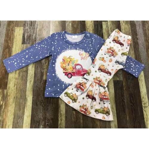 Popular Kids Clothing Baby Girl Blue Flare Red Truck Harvest Pumpkin Print Spring and Autumn Long Sleeve Bell Bottom set