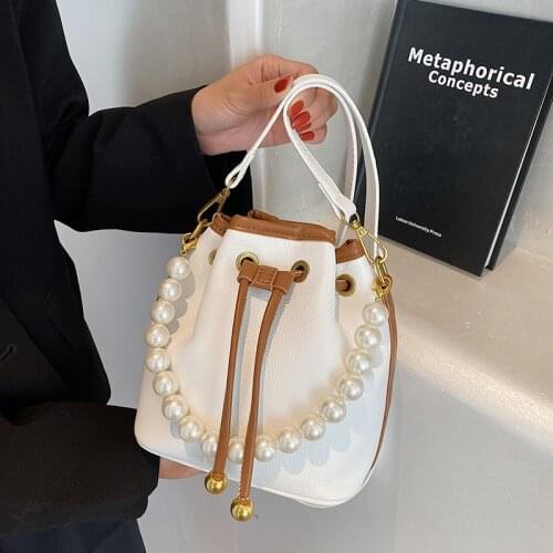 Luxury Designer PU Leather Handbags for Women Fashion Pearl Bead Strap Clutch Bucket Bag Shoulder Crossbody Bags Bolsa Feminina