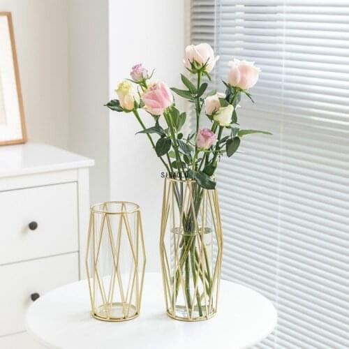 Luxury Transparent Glass Vases With Metal Golden Small Vase Geometric Hydroponic Vase Home Room Flower Decoration Ornaments