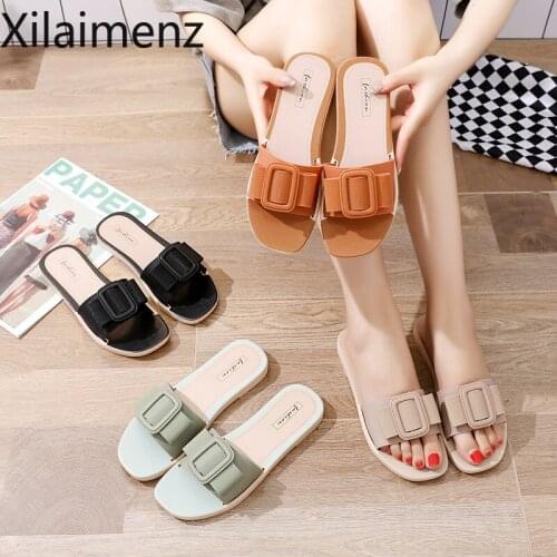 Women Slippers Flat Shoes Ladies Square Fashion Buckle Comfortable Beach Outdoor Slides Summer New Slip-on Soft Woman Sandals
