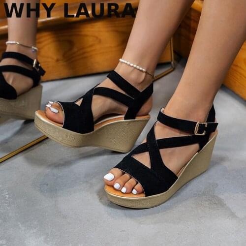 New summer 2021 open toe fish head fashion cross belt one word buckle non-slip high heels wedge sandals for women
