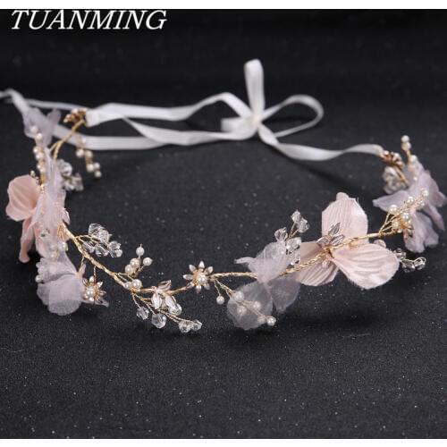 Bride Headband Pink Yarn Flower Rhinestone Pearl Wedding Headband High Quality Golden Copper Line Headpiece Jewelry Hair Bands
