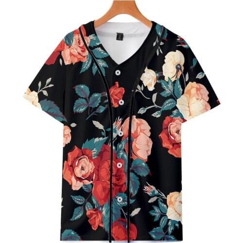 LCFA Baseball Uniform Flower Leaf Sunflower Rose Nightclub 3D Sexy Print Short-sleeved Cardigan Oversized T-shirt Top Women 2021