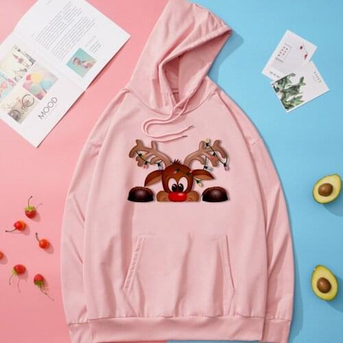 Women Solid Color Oversize Hoodie Harajuku Plus Velvet Winter Basic Sweatshirt Casual Long Sleeve Cute reindeer Hoodie Top Hoody