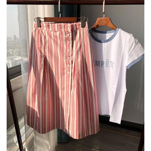 Women Skirt Pink Striped Skirt Cotton Midi Skirt