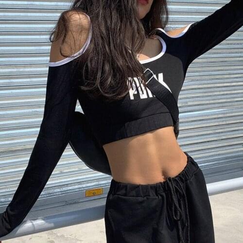 2021 Fashion Women Sexy Punk Letter Print T-Shirt Long Sleeve O Neck Slim Crop Top Hollow Out Cold Shoulder Short Top Streetwear