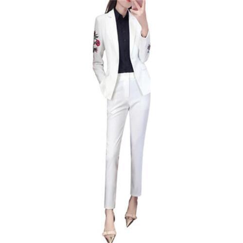 Women Suit suit female New autumn high-end long-sleeved embroidery fashion small suit + pants two-piece Business wear suit lady
