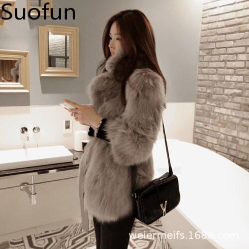 Suofun Office Lady Solid Casual Slim Suit Collar New 2021 Fashion Women Fox Fur Medium Length Coat Plush Winter Coats