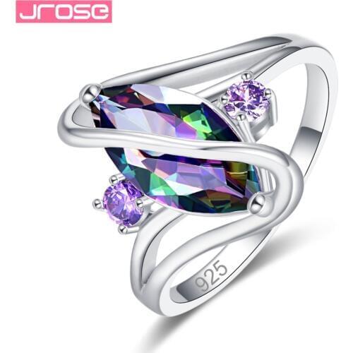 JROSE Engagement Marquise Cut Elegant Rainbow & Blue & Green& Red Cubic Zirconia Silver Wedding Ring For Women Gifts Wholesale