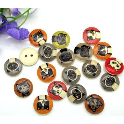 100pcs 15mm Mixed Nature Round Cute Animal Cat Pattern Wooden Buttons For Clothes Crafts Sewing Scrapbooking DIY Accessories