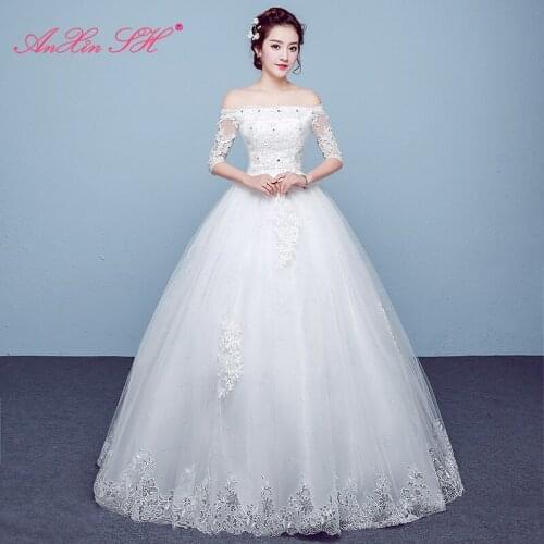 AXJFU princess flower lace bride wedding dress party vintage boat neck beading crystal half sleeve ball gown white wedding dress
