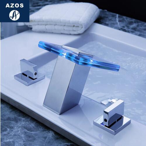 Azos Split FaucetDiscoloration Waterfall Brass Chrome Cold and Hot Switch Temperature Control LED Shower Room Basin Shower Room
