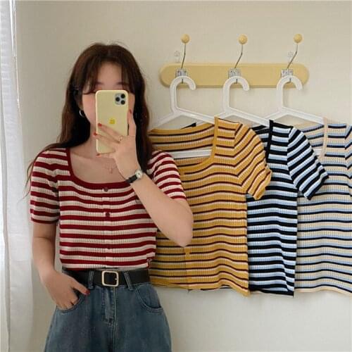Blouse Women Contrasting Color Striped Square Neck Short-sleeved Sweater Womens Summer New Korean Style Slim Slim Short Top