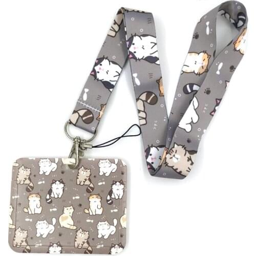 Grey Lovely Cute Cats Anime Lanyard Badge Holder ID Card Lanyards Mobile Phone Rope Key Lanyard Neck Straps Keychain Key Ring