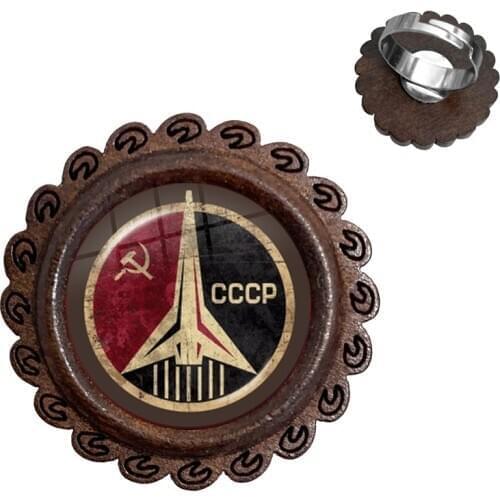 CCCP Soviet Badges Russia Adjustable Wood Rings Space Flight Universe USSR Soviet Communism Symbol Charm Ring For Friends Gift