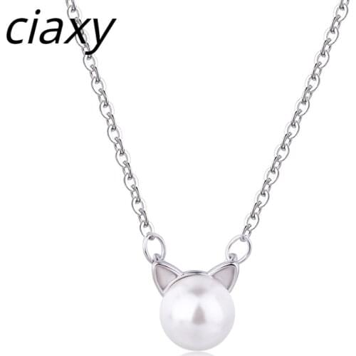 CIAXY 925 Sterling Silver Necklace Sweet Kitten Pearl Cute Cat Clavicle Chain Trend Pendant Necklace Women Jewelry Accessory