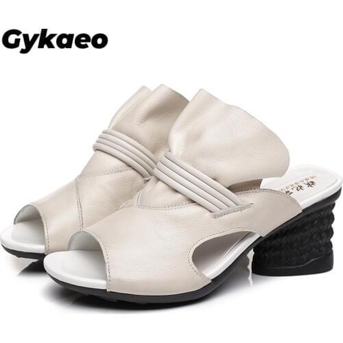 Gykaeo 2020 Summer Shoes Fashion Women Slippers Female Hollow Out Women Genuine Leather Sandals Med Heels Shoes Zapatos Mujer