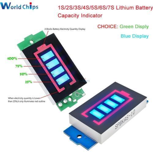 BMS 1S 2S 3S 4S 6S 7S Battery Capacity Indicator Lithium Li-po Li-ion Power Level Meter Blue/Grenn LED Display with Case Cover