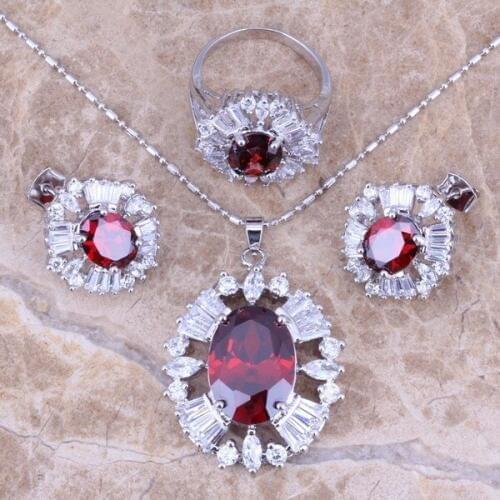 Red Garnet White CZ Silver Plated Jewelry Sets Earrings Pendant Ring Size 5 / 6 / 7 / 8 / 9 / 10 S0028