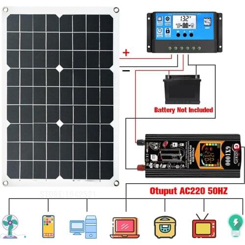 18W Solar Panel System Set 220V Power Generation Battery Charge USB 1000W Inverter DC 12V AC 30A Controller Home Kit Complete