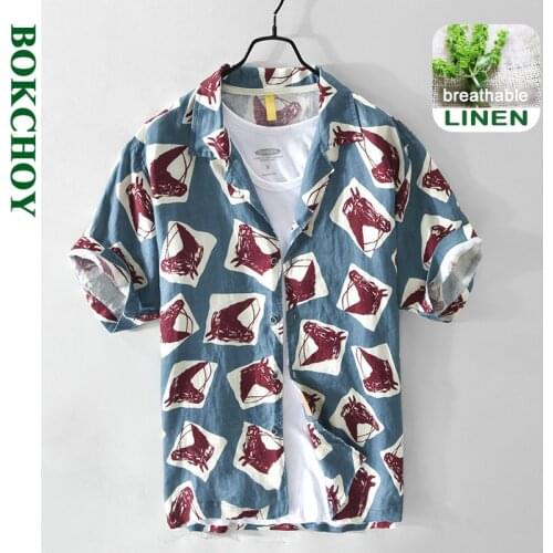 2021 Spring and Summer New Men Pure Linen Casual Digital Print Shirt Beach Style Retro Blue Brown GA-Z808