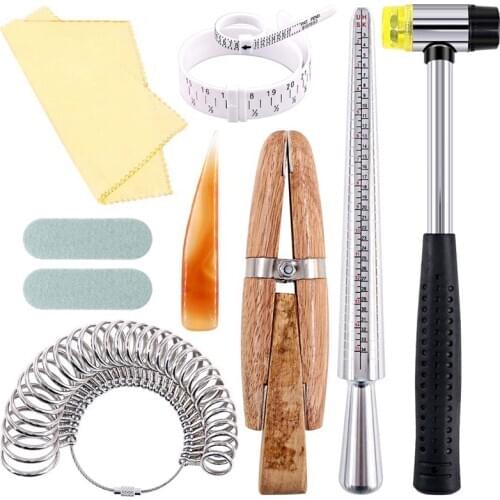 12Pcs Jewelry Ring Sizer Tools Set, Ring Mandrel, Ring Sizer, Wood Ring Clamp, Rubber Hammer, Plastic Ring Sizer Gauge, Jewelry