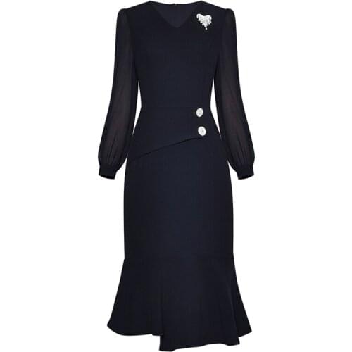 Newest HIGH QUALITY Fashion 2021 Fall Runway Dress Womens V-Neck Brooch Lantern Long Sleeved Bag Hip Irregular Ruffle Dress