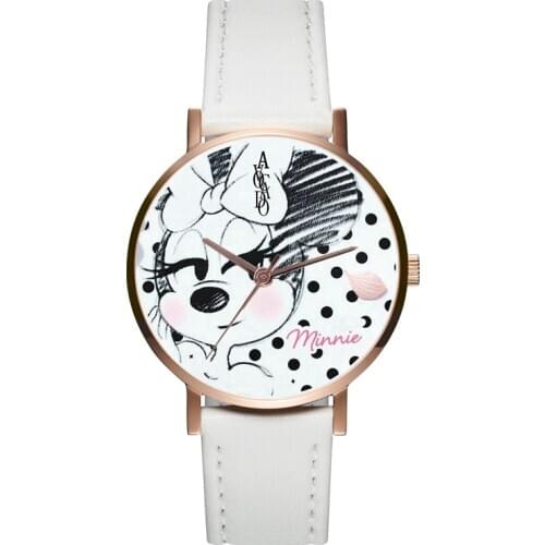 New WomenS Watch Minnie Mouse Quartz WristWatches Rose White Leather WatchBands Fashion Cartoon Girl Timer