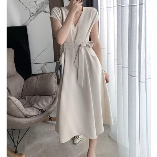 Womens Sexy V-neck Lace Up Half Sleeve Knee-length Dresses 2021 Summer Fashion Casual Solid Button Ruffle Beach Loose Dresses