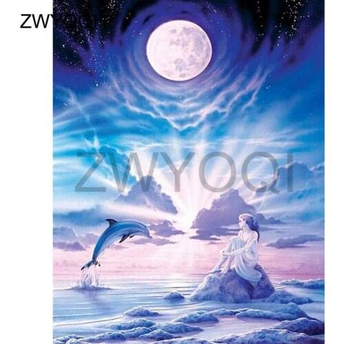 Full Round Diamond mosaic Dolphin 5D DIY Diamond embroidery Full Square Diamond painting Cross stitch Dolphin woman round moon