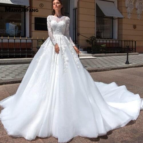Custom Made Full Sleeve Embroidery Appliques Tulle Chapel Train Bridal Ball Gown High-End Button Back O-Neck Wedding Dress